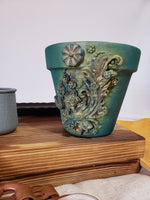 Shabby Chic Ceramic Floral Plant Pot Blue Gold Hand Embellished