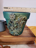 Shabby Chic Ceramic Floral Plant Pot Blue Gold Hand Embellished